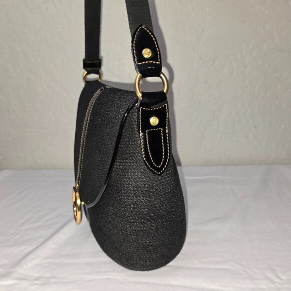 Eric Javits Medium Black Squishee Straw And Patent Leather Flap Crossbody Bag - Picture 3 of 15